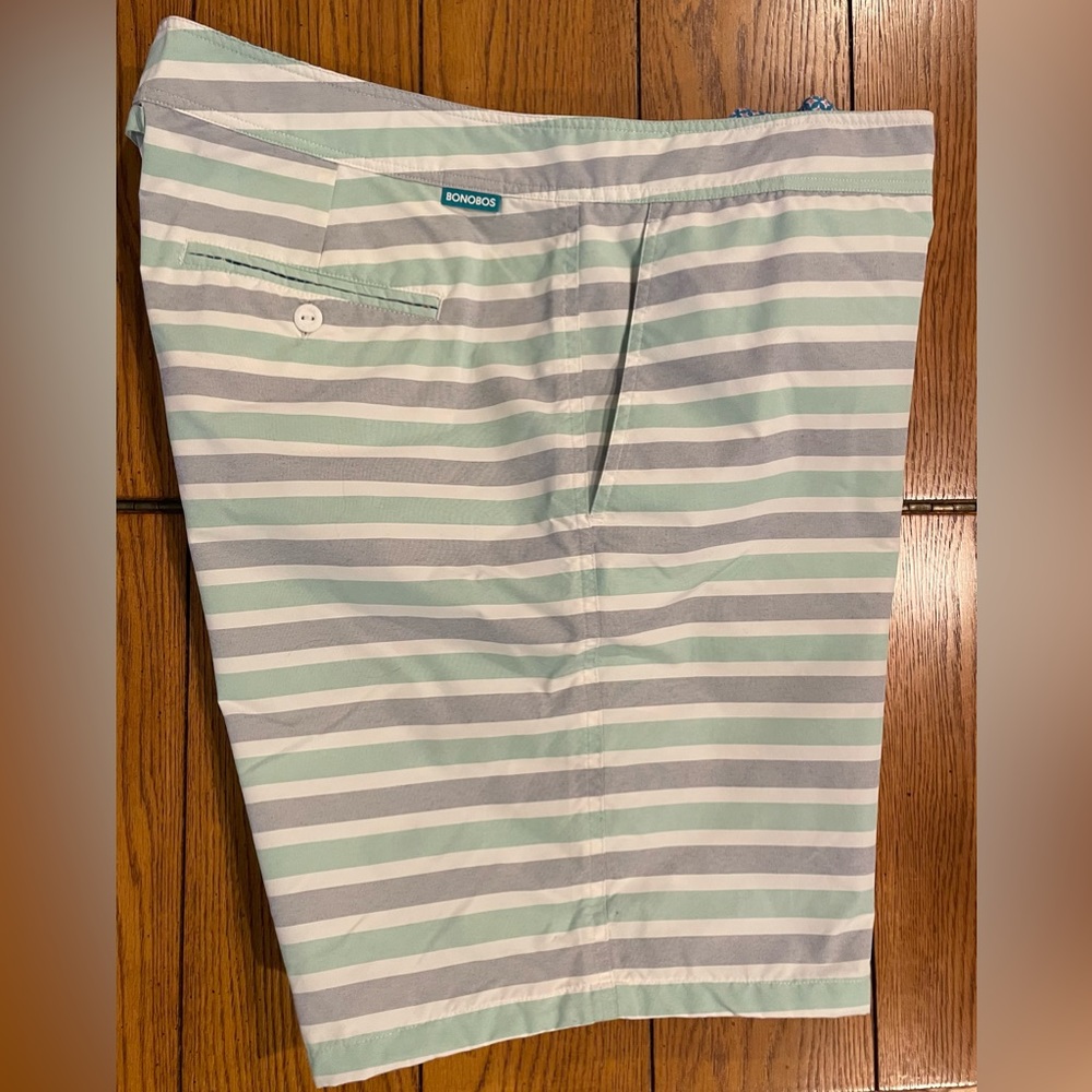 EUC Bonobos swim trunks, size 38, lined, grey/green stripe